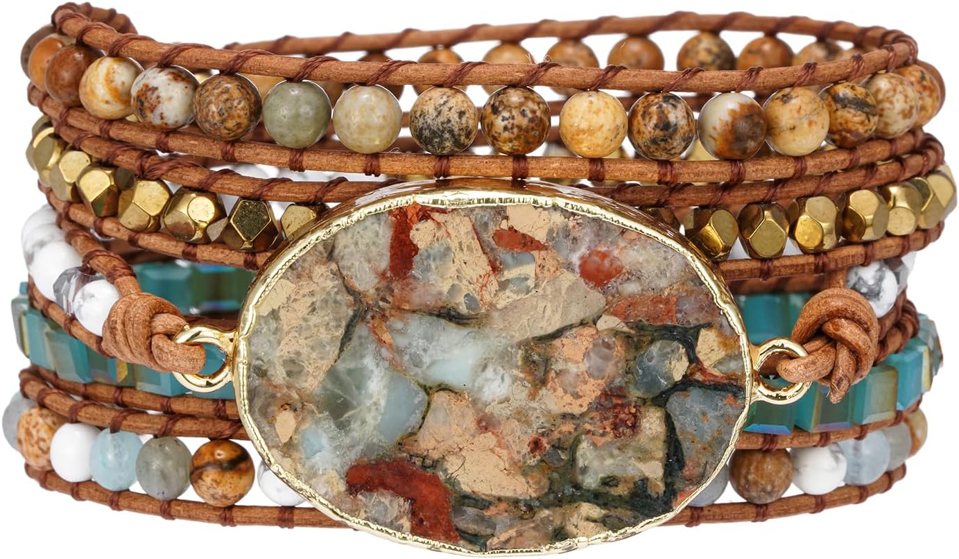 Plumiss Women Boho Bracelets, Special Handmade Natural Stone Crystal Leather Bea...