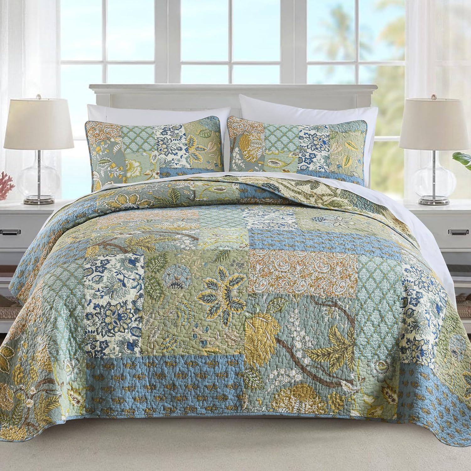 NEWLAKE Cotton Patchwork Bedspread, 3-Piece Bedding Quilt Set with Real Stitched...
