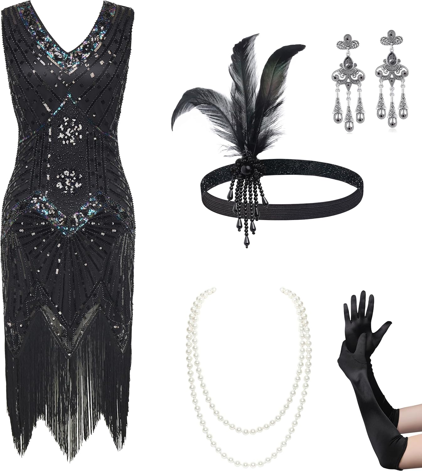 BABEYOND Women's Flapper Dresses Set 1920s V Neck Great Gatsby Dress with Access...