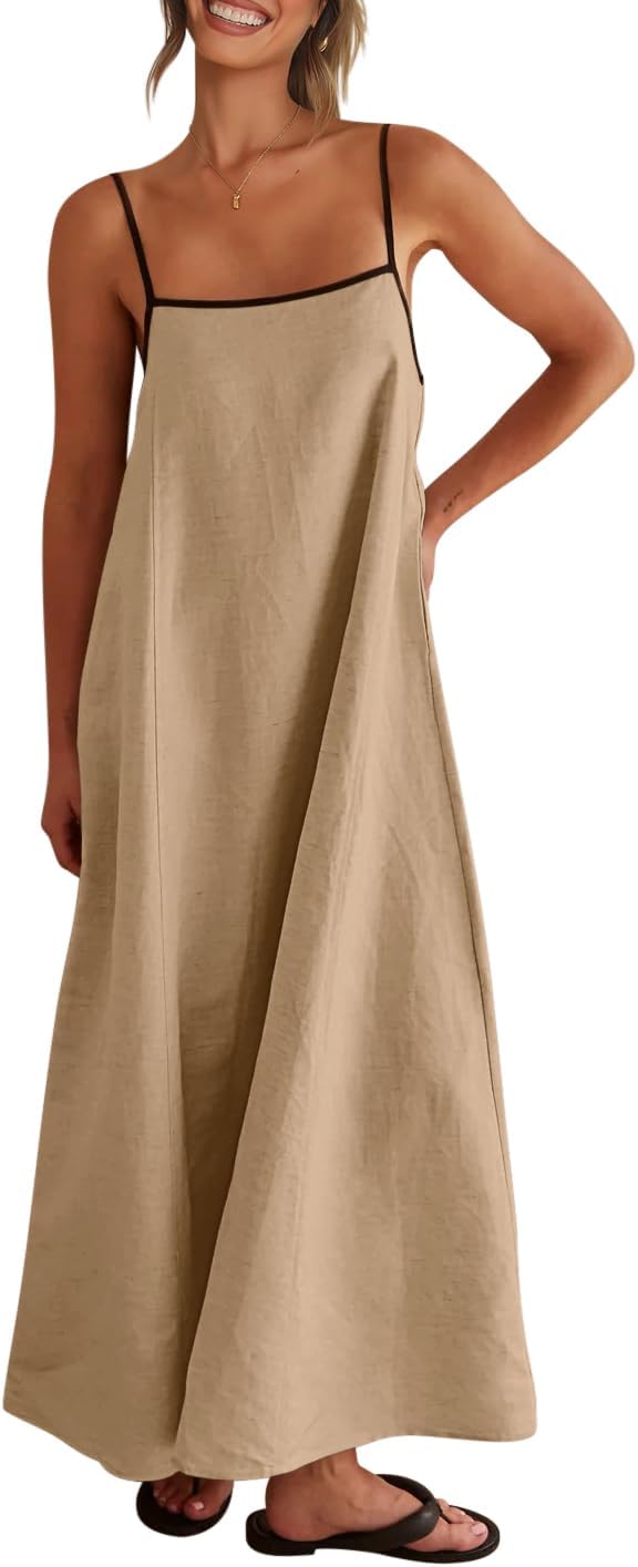 Shy Velvet Women's 2024 Summer Linen Maxi Dress Contrast Spaghetti Strap Dress B...