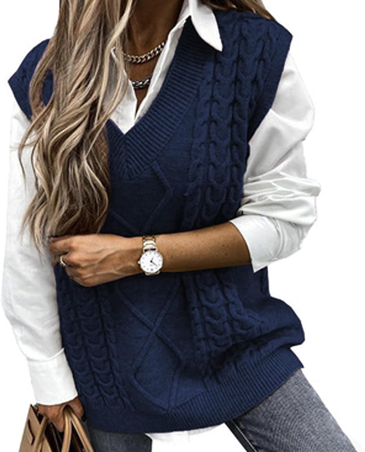 Voqeen Womens Sweater Vest Sleeveless Pullover Jumpers Knitted V Neck Stylish Lo...