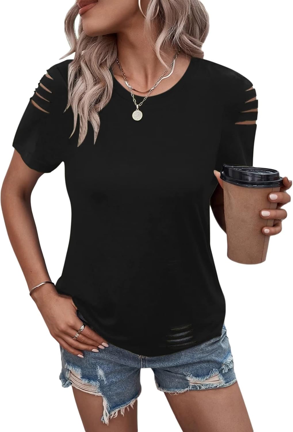 Women's Short Sleeve T Shirts Crew Neck Ripped Cut Out Summer Casual Basic Tees...
