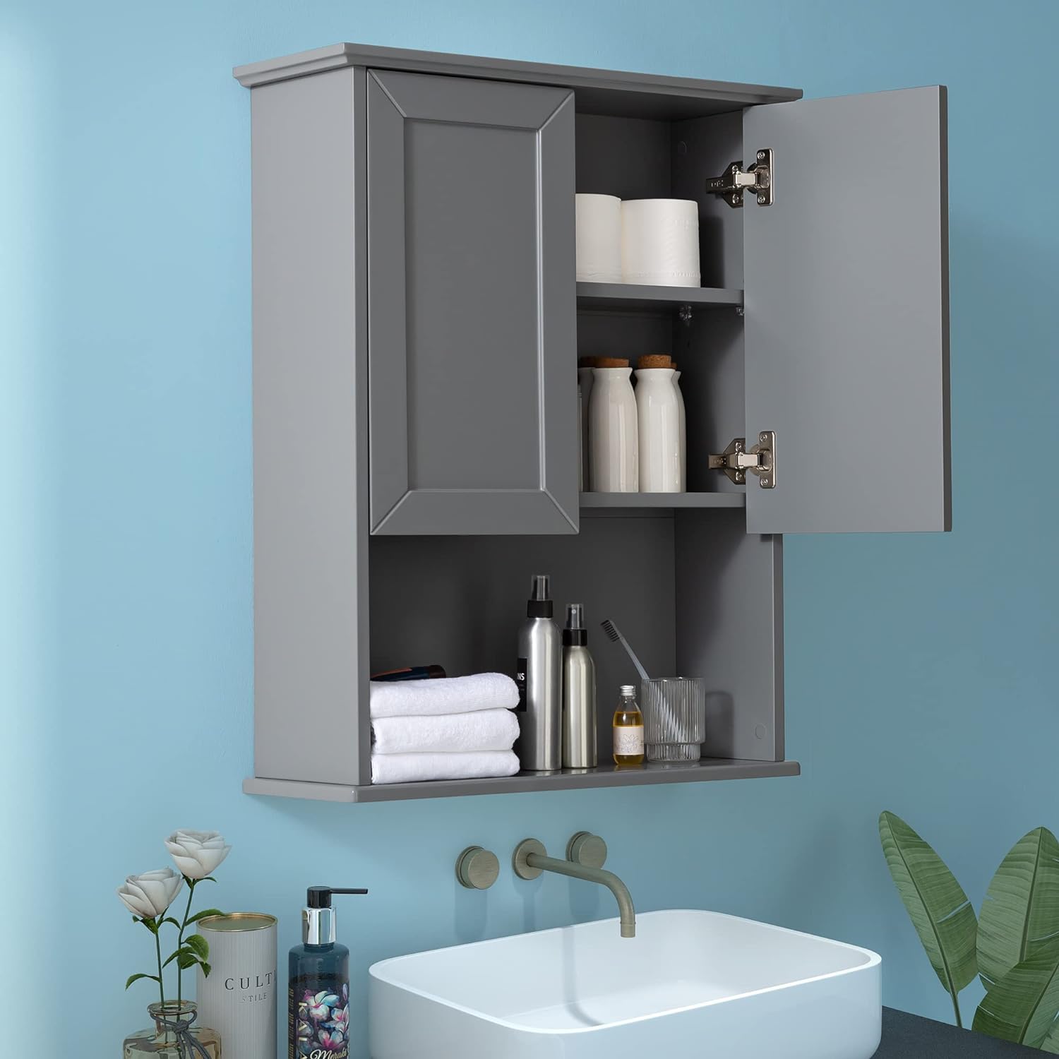 Grey Cabinet Wall Mounted with 2 Doors, Wooden Medicine Cabinet with Adjustable...