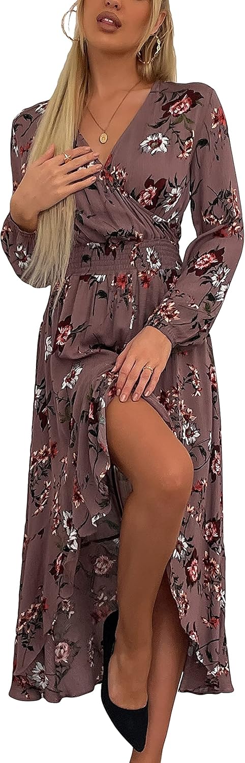 Kormei Womens Short Sleeve Floral High Low V-Neck Flowy Party Long Maxi Dress La...