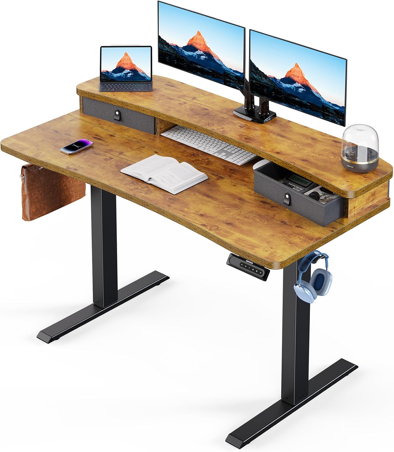 HUANUO 48″ x 24″ Electric Standing Desk with 2 Drawers, C-Clamp Mount Compatible...