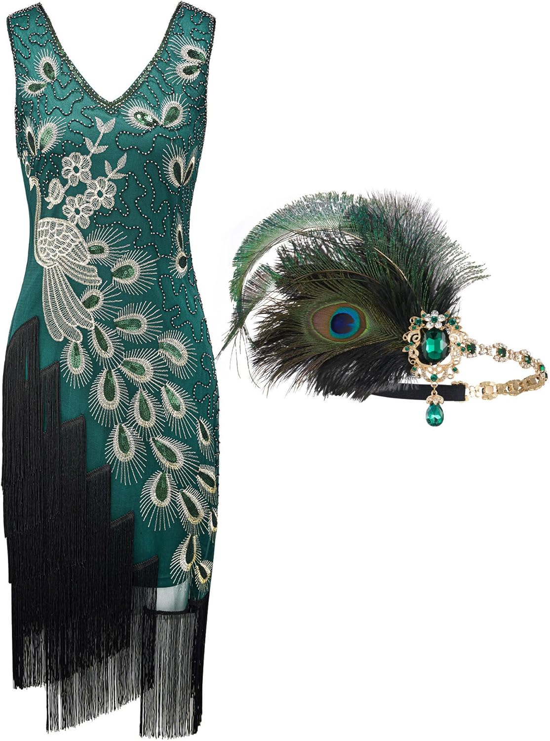 SWEETV 1920s Vintage Peacock Flapper Dresses Sequin Fringed Gatsby Dress with He...
