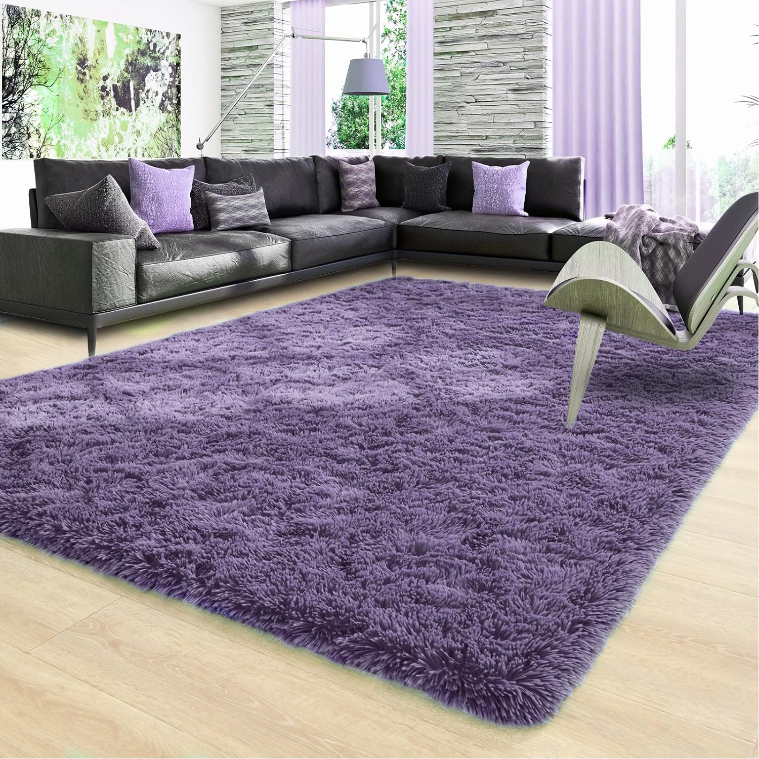 Ompaa Ultra Soft Fluffy Bedroom Rugs Memory Foam Carpet, Grey-Purple 8x10 Feet L...