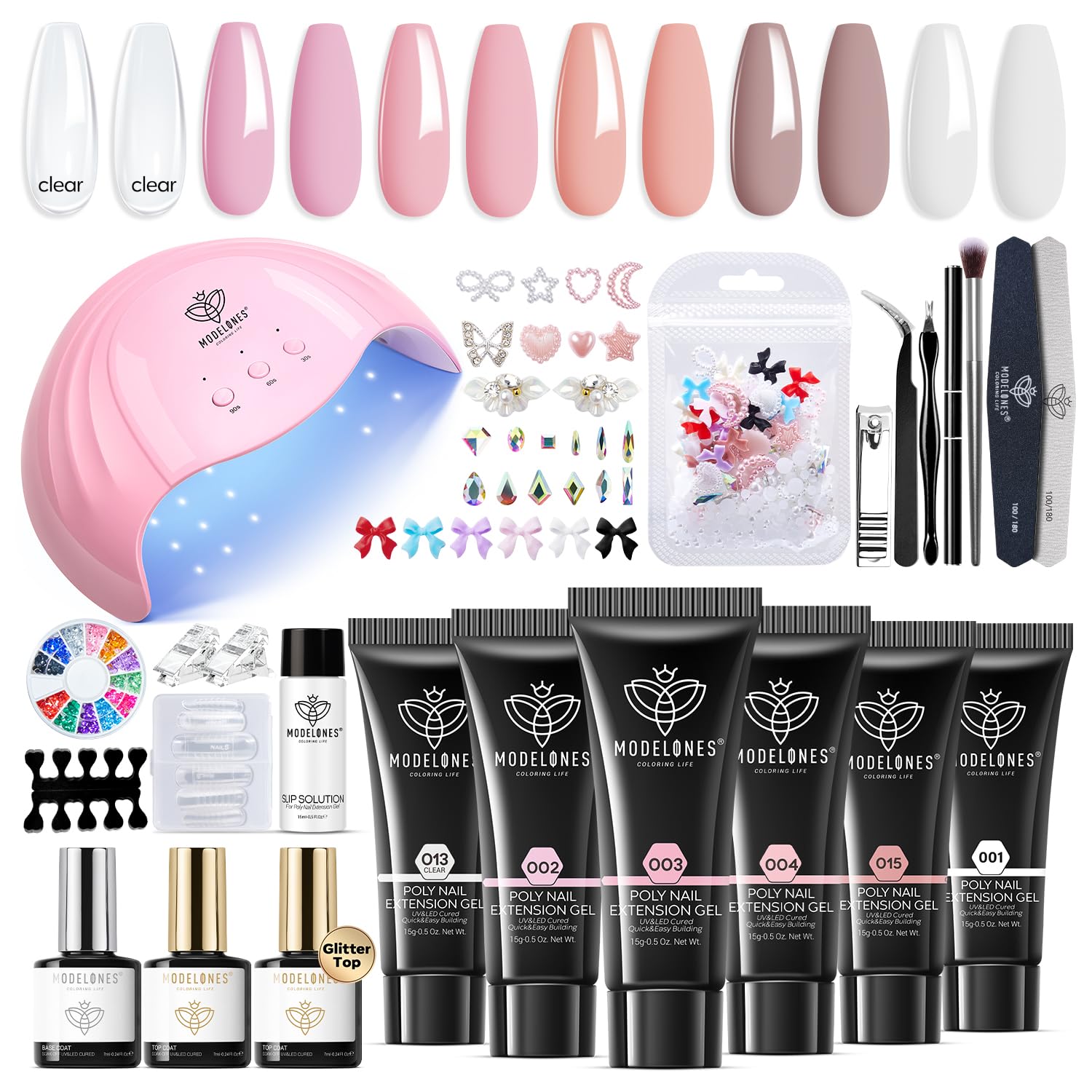 Modelones Poly Nail Gel Kit, 6 Colors Poly Extension Gel Clear Pink White with 4...