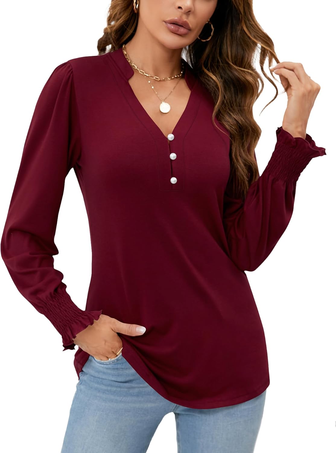 Rapbin Womens V Neck Puff, Special Long Sleeve Button Down Tunic Blouses, Innova...
