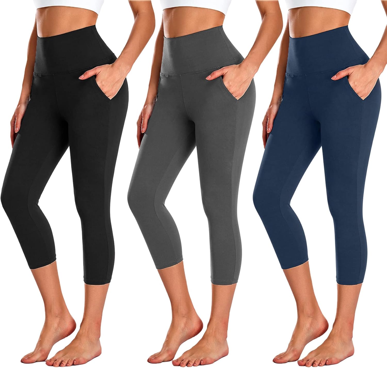 NEW YOUNG 3 Pack Capri Leggings for Women with Pockets-High Waisted Tummy Contro...