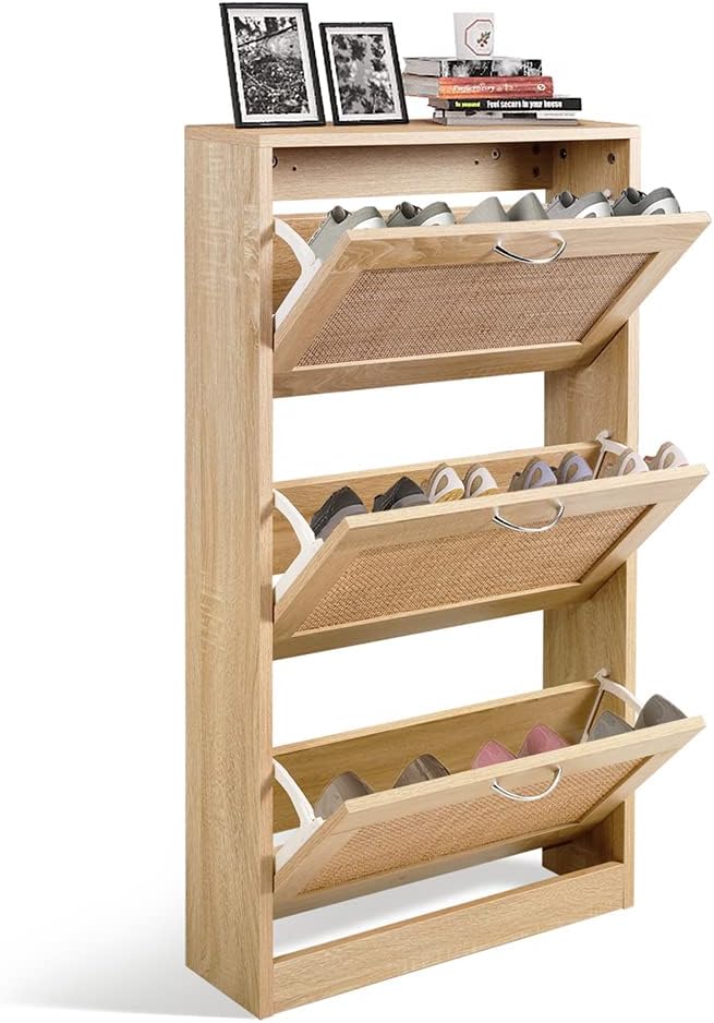 HOPUBUY Shoe Cabinet for Entryway, Narrow Shoe Storage Cabinet, Hidden Rattan Sh...
