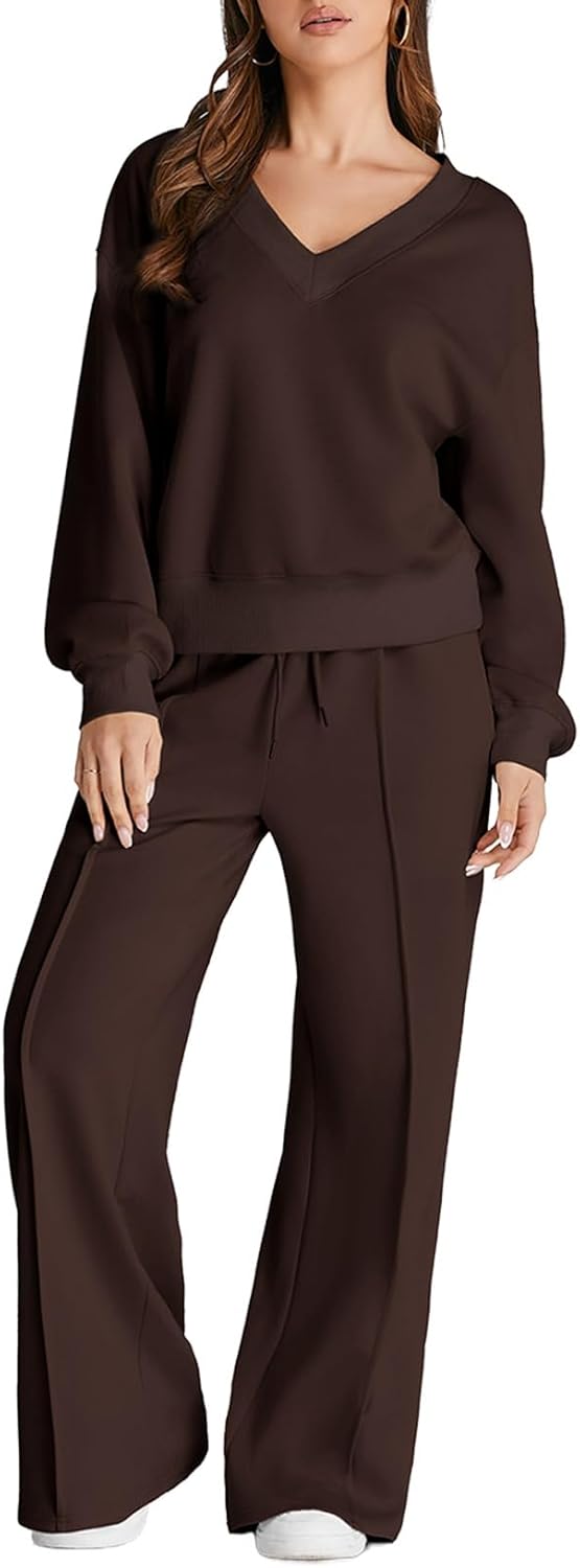Herseas Women 2 Piece Outfits Sweatsuit 2024 Fall Casual V Neck Sweatshirt with...