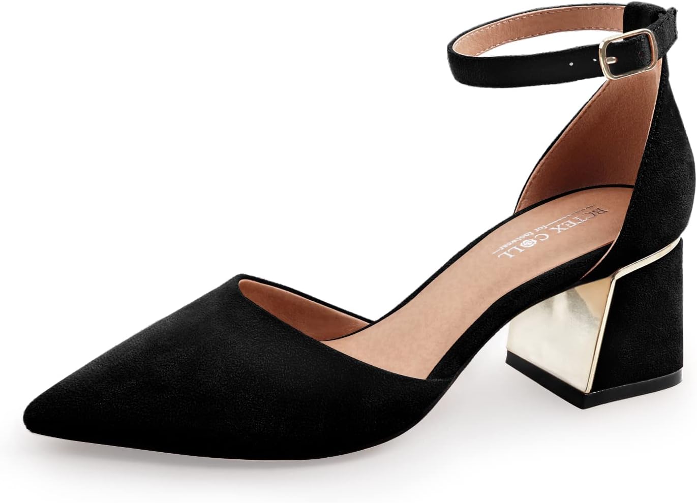 BCTEX COLL Womens Pointed Toe Pumps Shoes Ankle Strap Chunky Low Heels Metal Lin...