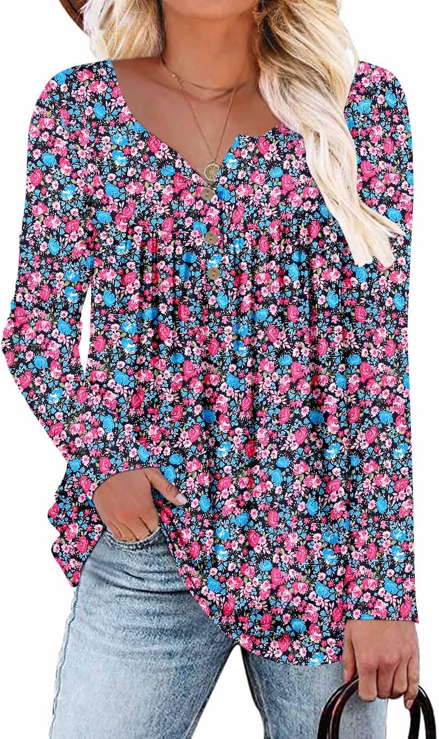 ROSELINLIN Long Sleeve Tops for Womens Floral Fall Blouse Shirts X-Large A Pink...