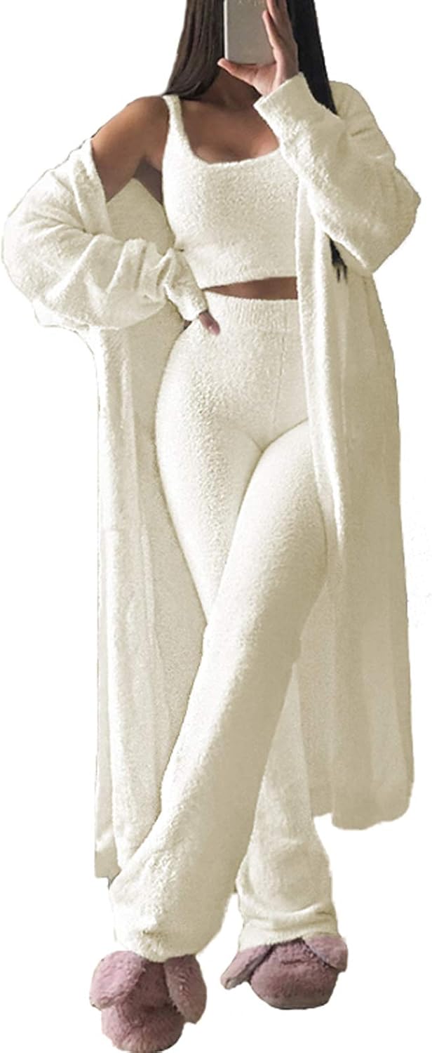 Fixmatti Women's Fuzzy 3 Piece Sweatsuit Open Front Cardigan Crop Tank Tops Wide...