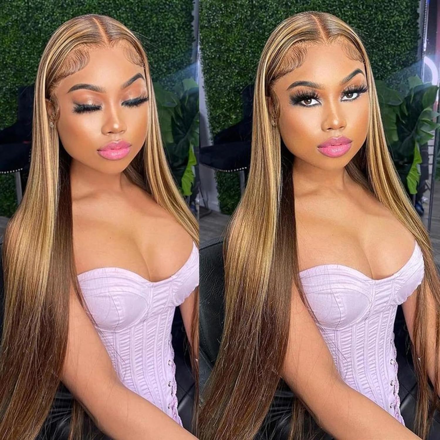 34 Inch Highlight Lace Front Wig Human Hair Pre Plucked 13x4 4/27 Straight Ombre...