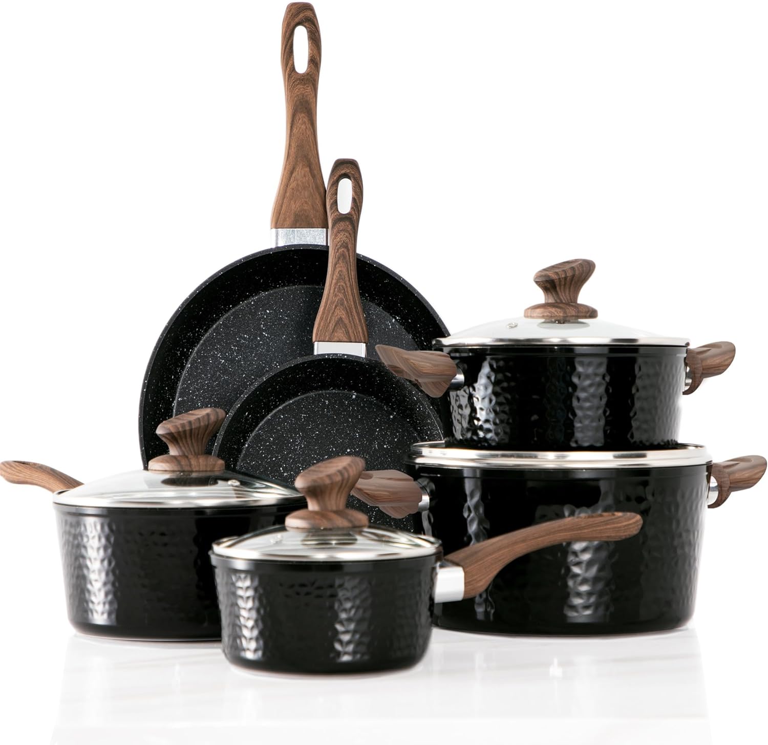 Induction Kitchen Cookware Sets - 15 Piece Hammered Granite Cooking Pans Set Bla...
