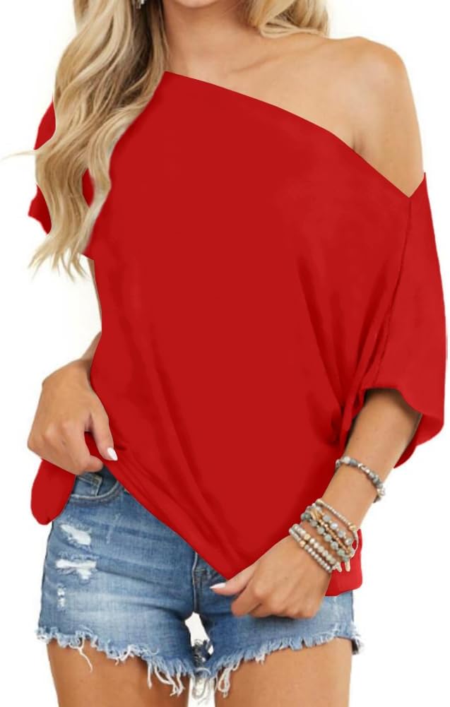 INFITTY Women's Off Shoulder Tops Short Sleeve Casual Loose Batwing Shirts Overs...