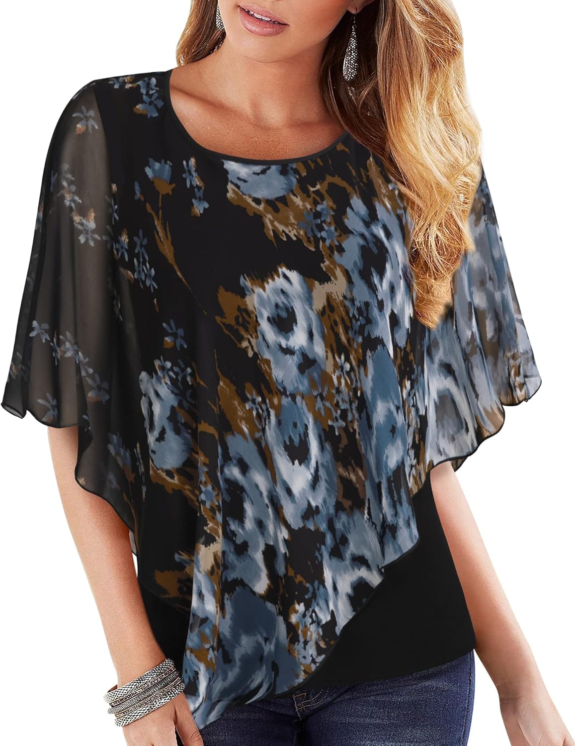 Lotusmile Women's Lightweight Flowy Shirt Double-Layered Printed Chiffon Poncho...