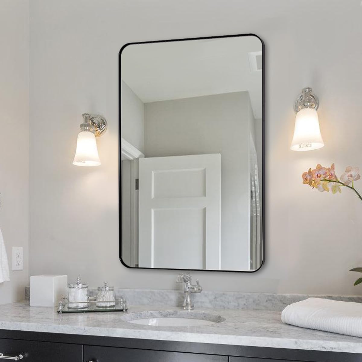 ANDY STAR Wall Mirror for Bathroom, 30"x40" Black Bathroom Mirror, Modern Rounde...