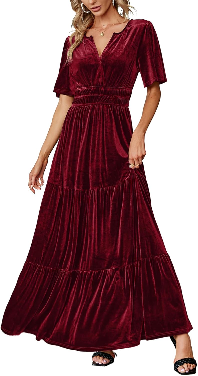 Amegoya Women's Velvet Short Sleeve V Neck Formal Wedding Guest Maxi Dresses Fal...
