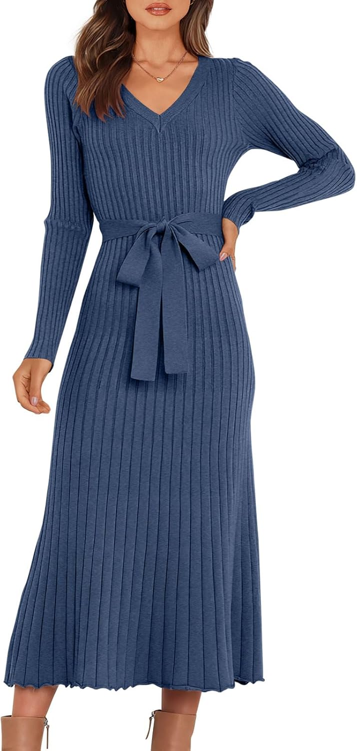 ANRABESS Women Long Sleeve V Neck A-line Tie Waist Slim Fit Ribbed Knit Bodycon...