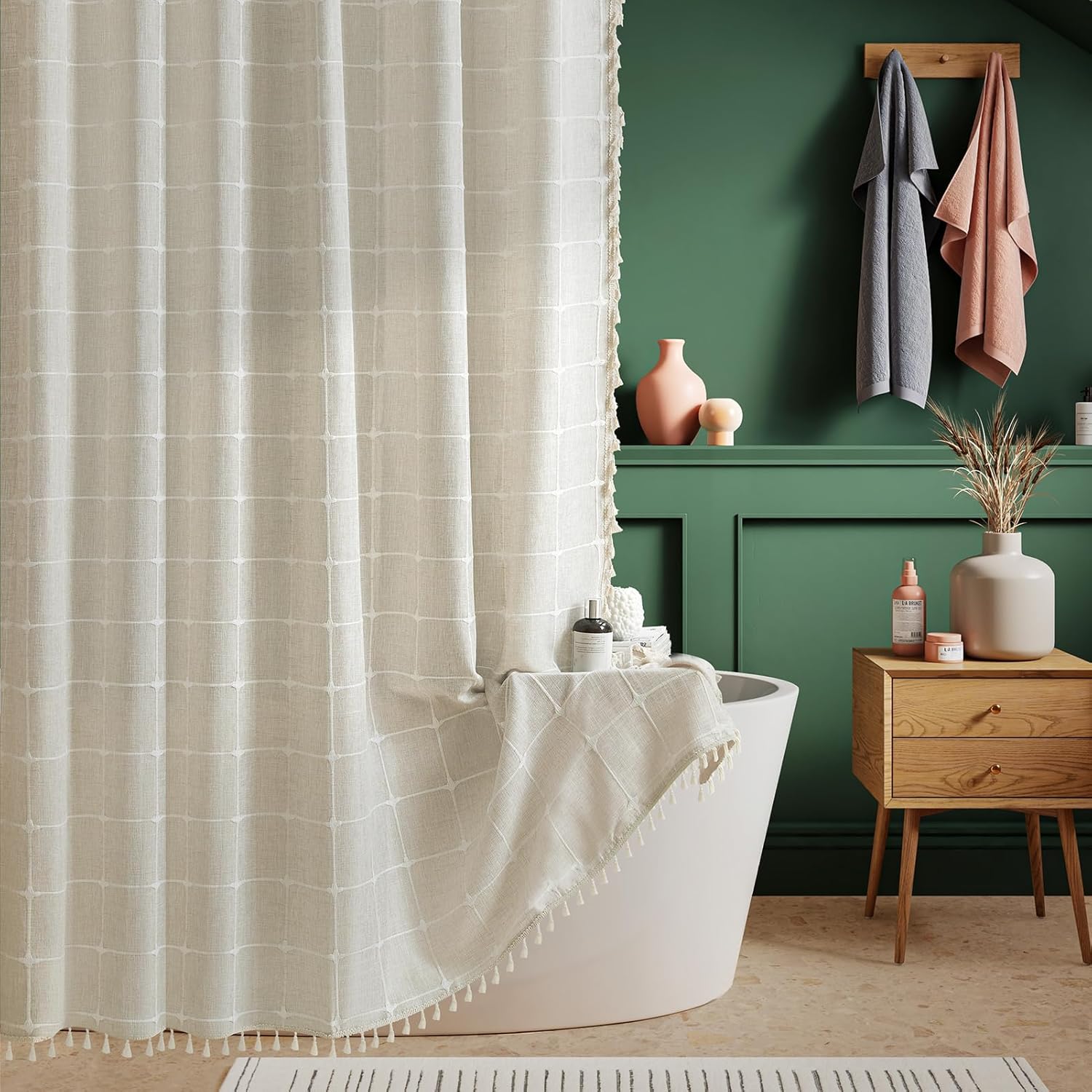 Natural Linen Shower Curtain, Boho Farmhouse Heavy Duty Textured Fabric Shower C...