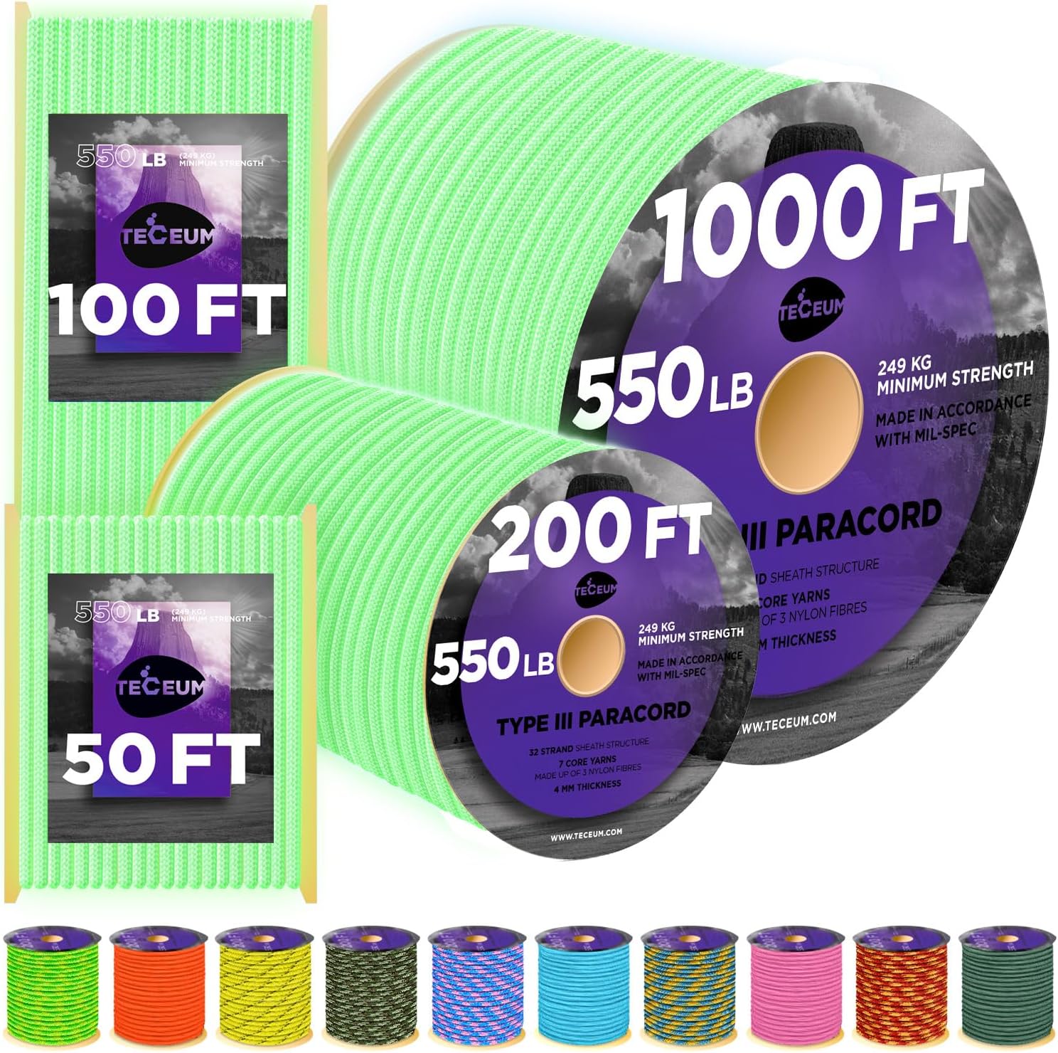 TECEUM Reflective Paracord Rope 1000 – 1000ft / 200ft / 120ft / 100ft / 50ft – 4...