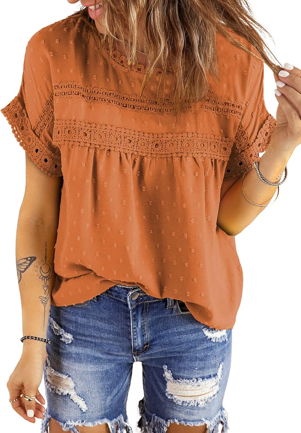Dokotoo Womens Summer Tops, Special Crewneck Lace Crochet Short Sleeve Shirts, I...