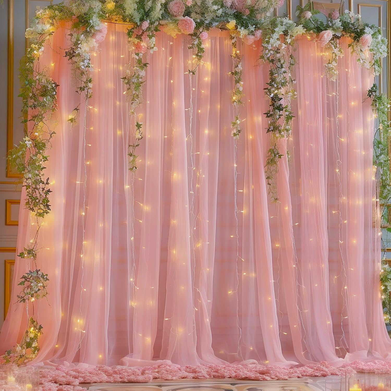 10x10ft Dusty Rose Tulle Backdrop Curtain with Lights String for Parites, Sheer...
