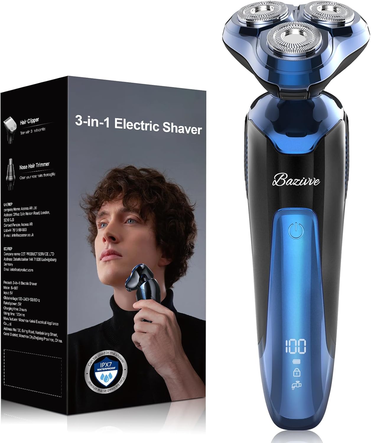 Electric Razor for Men, Bazivve 3 in 1 Electric Shavers, Cordless IPX7 Waterproo...