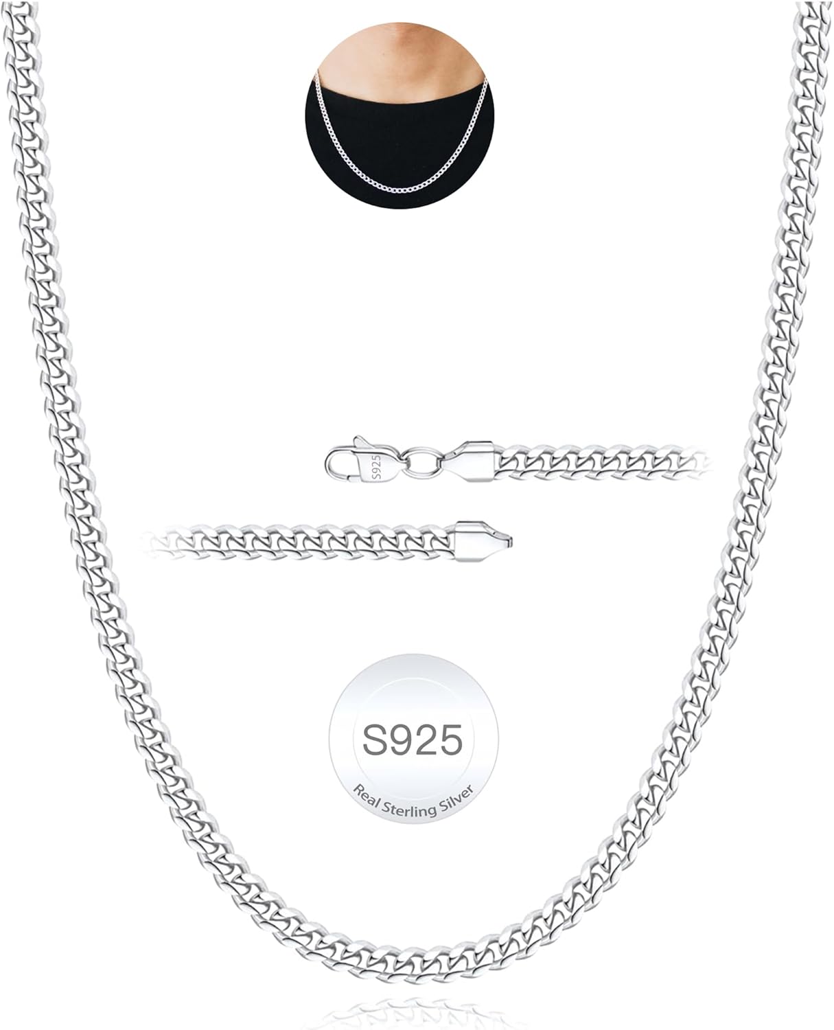 Rajputana S925 Sterling Silver 3mm/5mm Thick Cuban Chain for Men Sturdy Mens Sil...