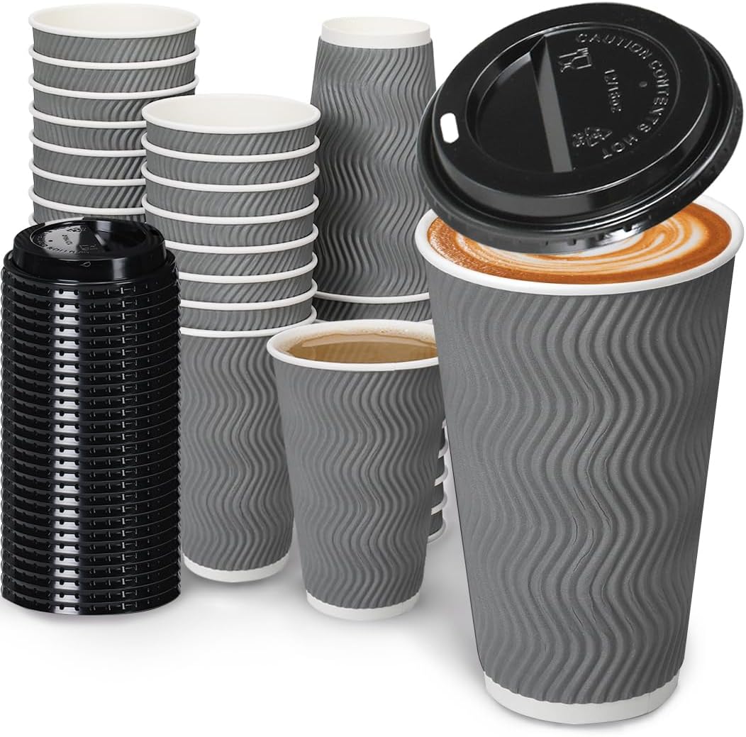 16oz Coffee Cups with Lid, 100 Pack Insulated Ripple Paper Cups, Disposable Coff...