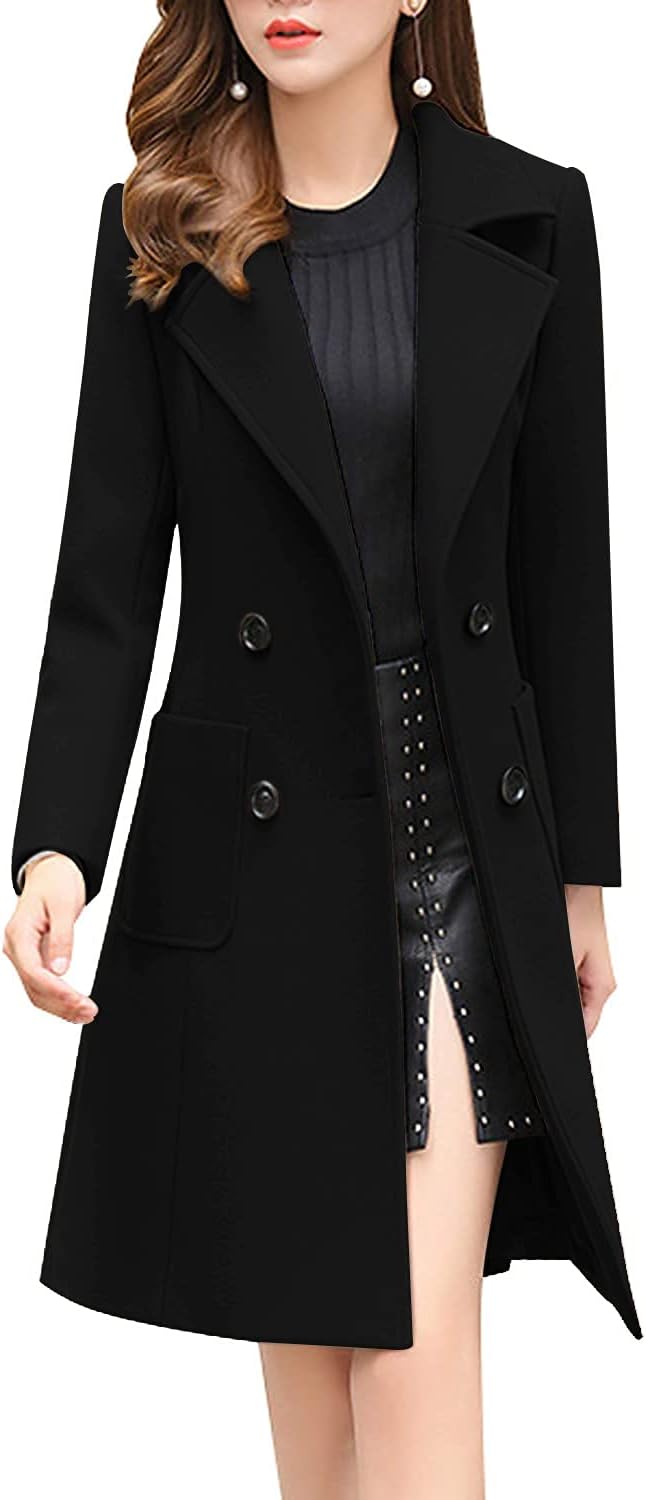 chouyatou Women Elegant Notched Collar Double Breasted Wool Blend Over Coat XX-L...
