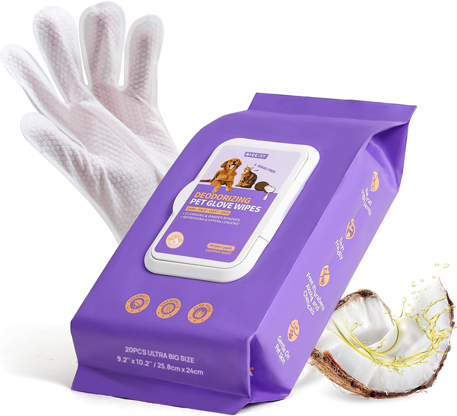 HICC PET Cleaning & Deodorizing Bathing Wipes for Dogs and Cats, Nourish Fur Coc...