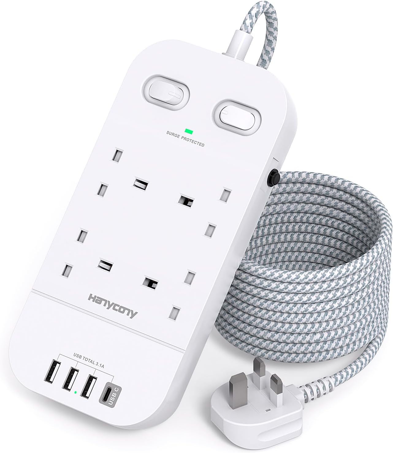 Extension Lead with USB Slots, 1.8M Extension Cable, 4 Way Plug Extension Socket...