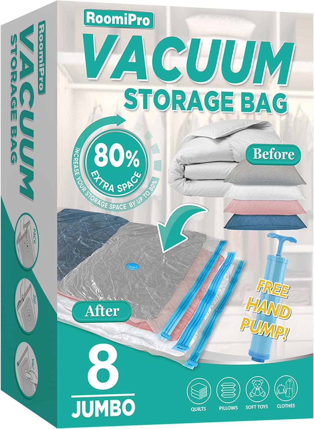 Space Saver Vacuum Storage Bags, 8 Jumbo Vacuum Sealer Bags with Pump, Storage V...