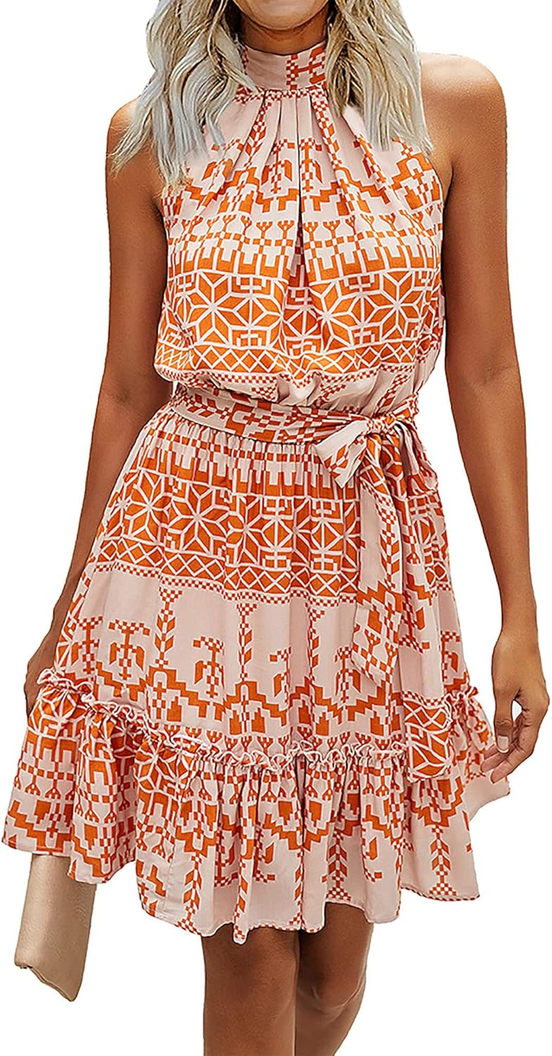 BTFBM Women 2024 Summer Halter Neck Dresses Sleeveless Casual Floral Polka Dot P...