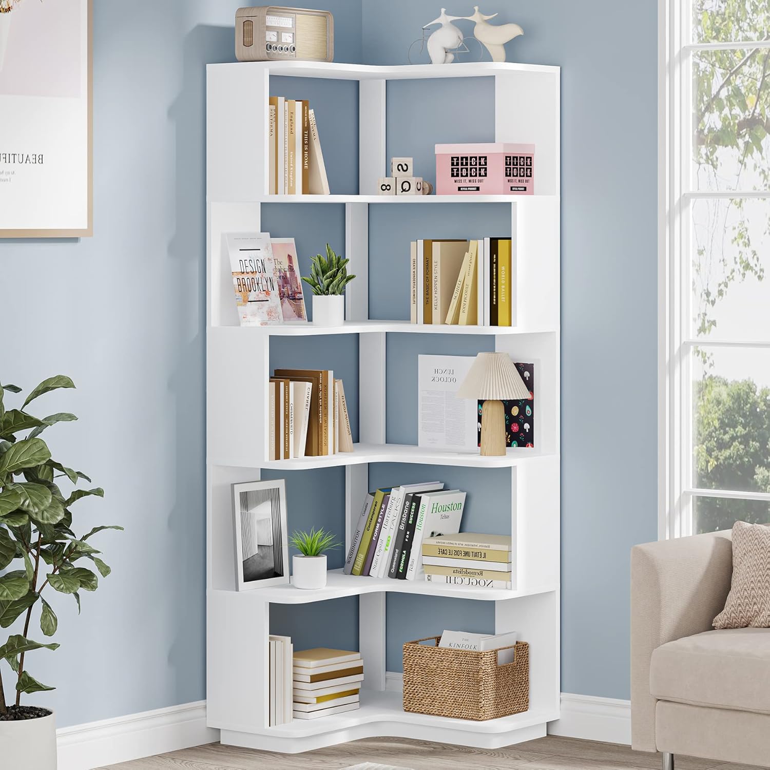 Tribesigns 6-Tier Corner Bookshelf, 64.9 Inch Tall Bookcase with Anti-Drop Panel...