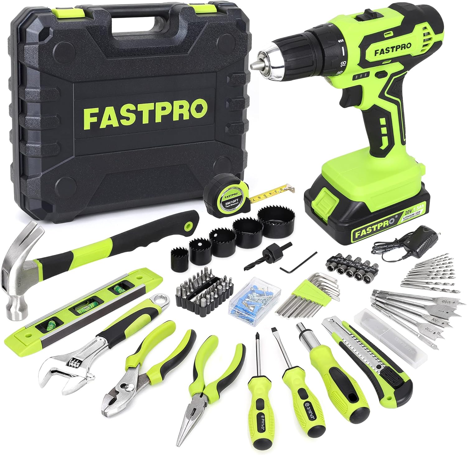 FASTPRO 177-Piece 20V Cordless Lithium-ion Drill Driver and Home Tool Set, House...