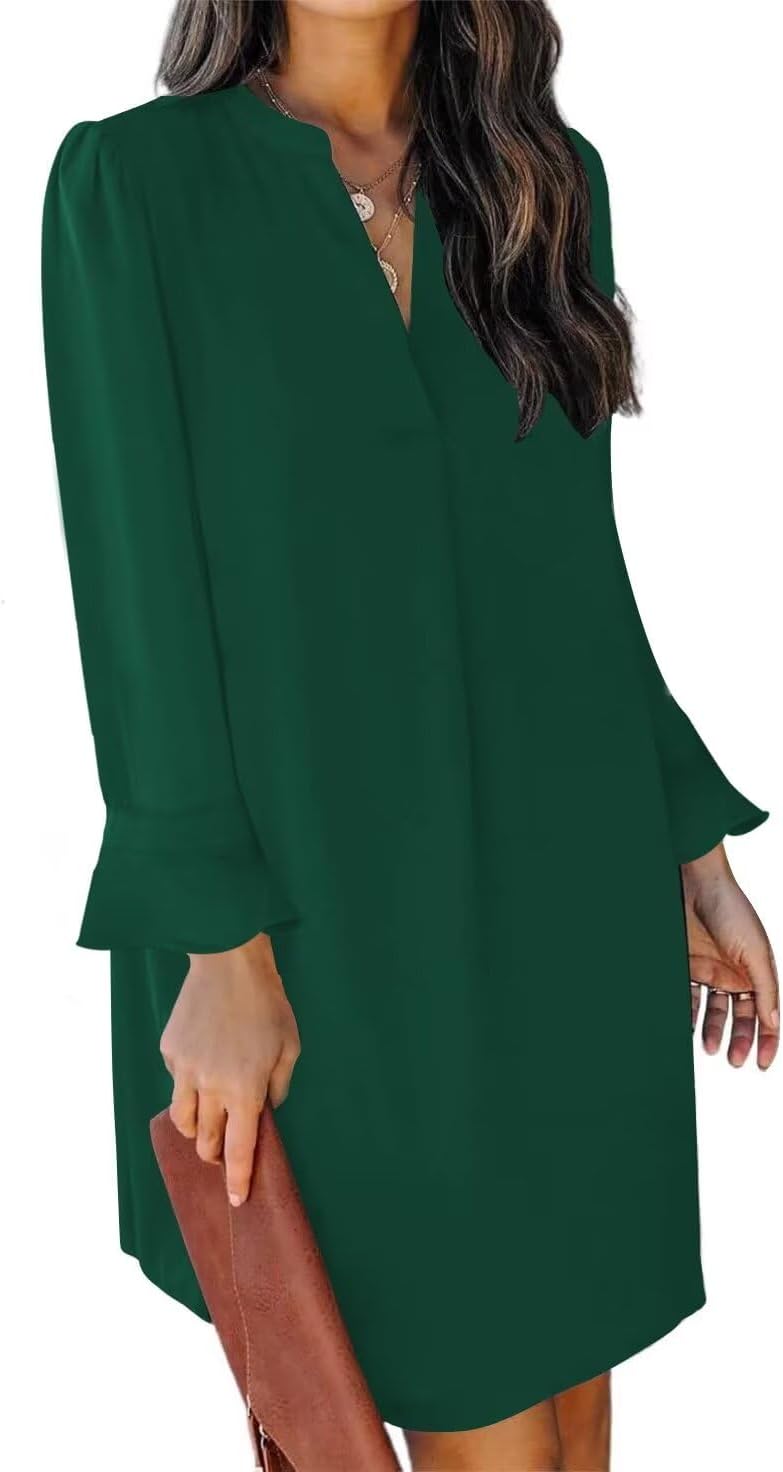 QACOHU Dresses for Women 2024 V Neck Spring Summer Ruffle Long Sleeve Simple Cas...