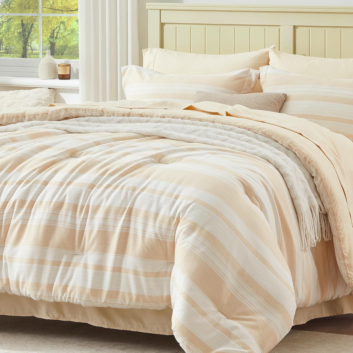 UNILIBRA Beige Queen Size Comforter Set, 7 Pieces Bed in a Bag Striped, Lightwei...