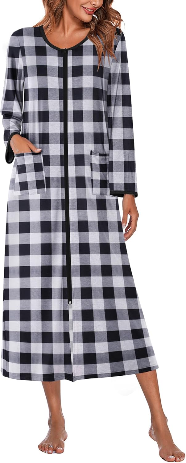 Ekouaer Women Long House Coat Zipper Front Robes Full Length Nightgowns with Poc...