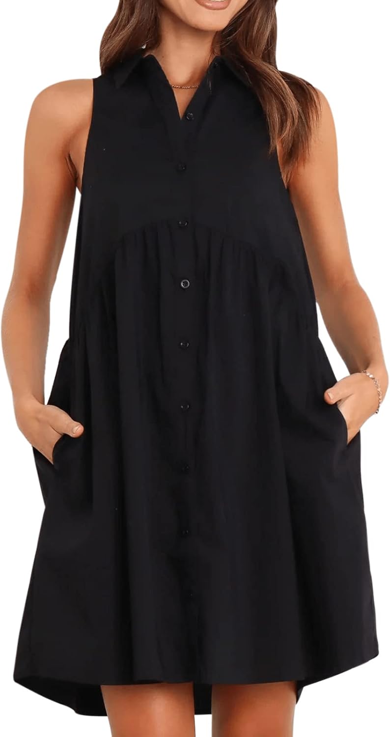 DEEP SELF Women Summer Collared Shirt Dress Casual Loose Button Down Short Dress...