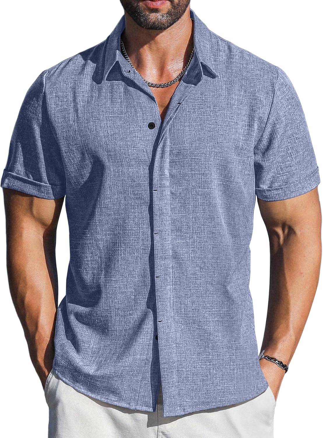 Men's Linen Shirts Short Sleeve Casual Button Down Shirt for Men Summer Beach Va...