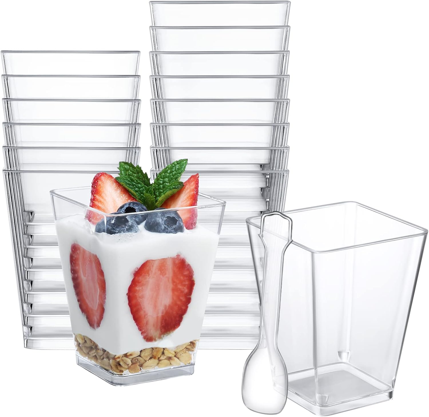 SHOPDAY 5 oz Plastic Dessert Cups 100 Pack Small Clear Square Parfait Cups with...