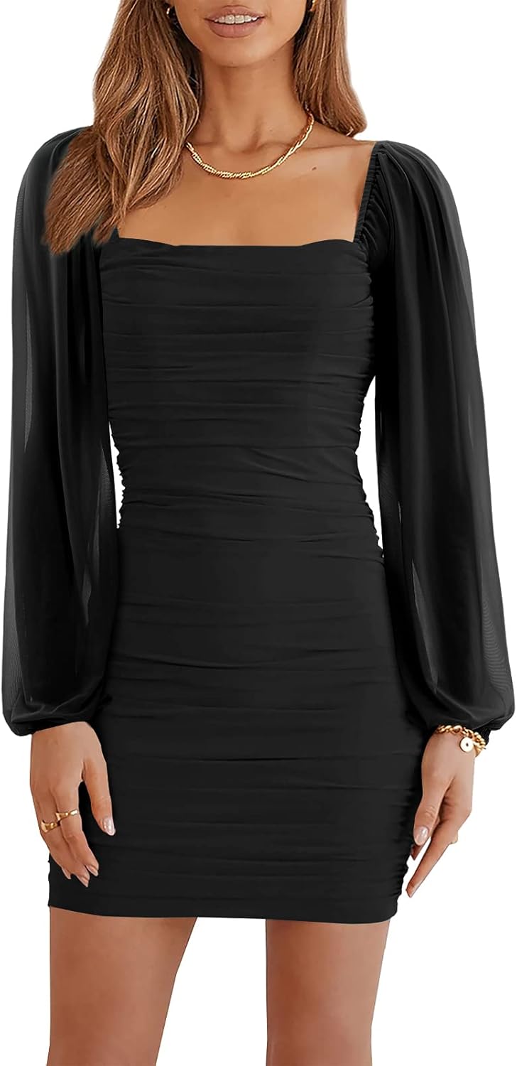 Ofenbuy Women's Mesh Long Sleeve Dress Square Neck Ruched Mini Bodycon Dress Str...