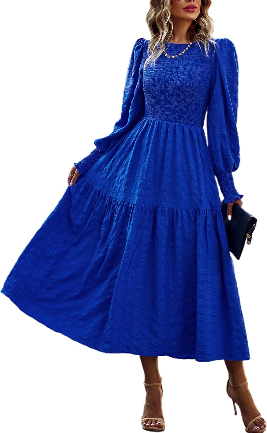 PRETTYGARDEN Women Dress, Special Long Sleeve Crewneck Smocked Maxi Dress, Innov...