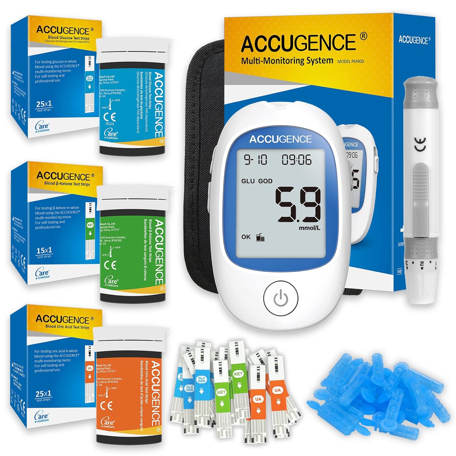 ACCUGENCE 3in1 Multifunction Test Kit with 25 Blood Glucose Test strip, 25 Uric...
