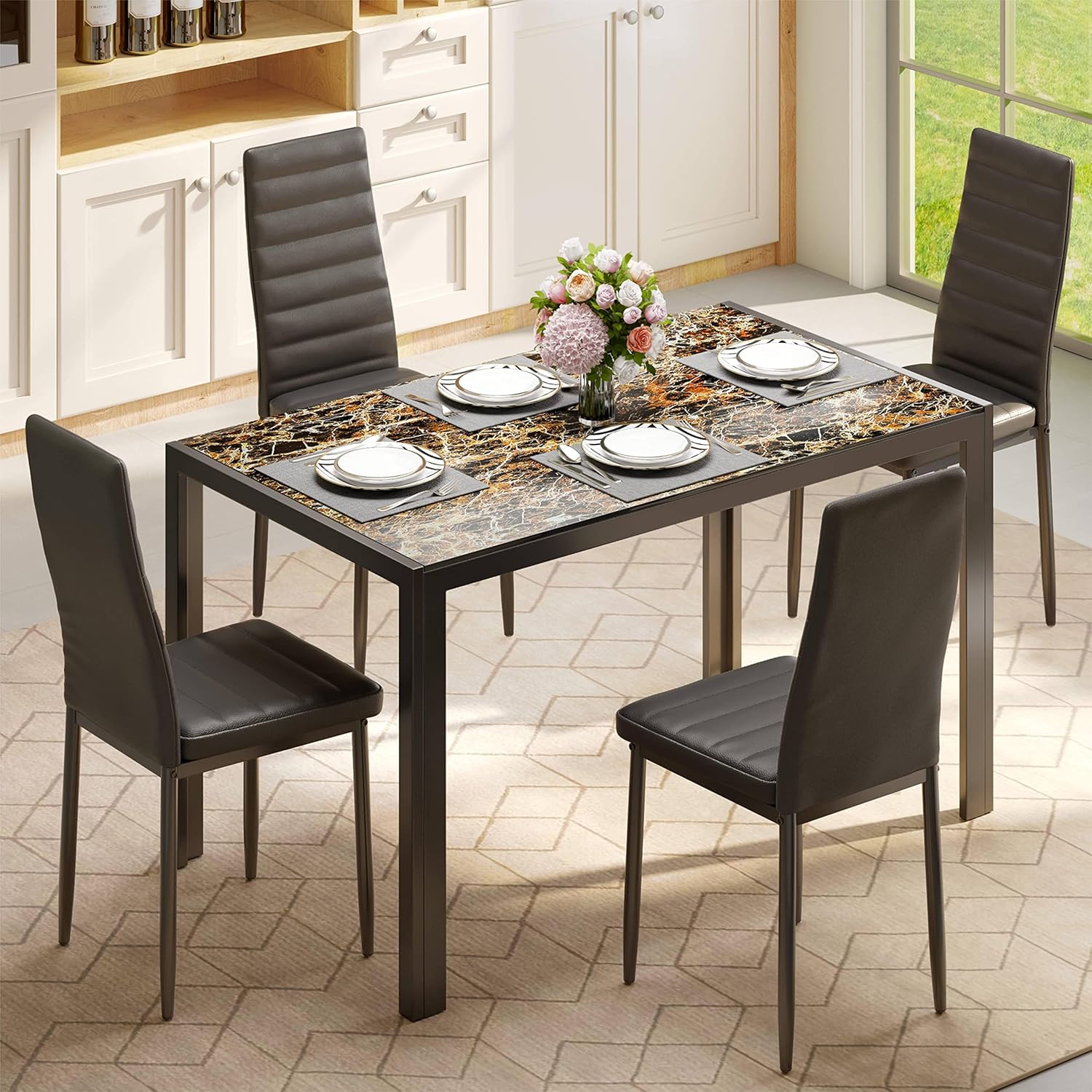 Gizoon 5 Piece Glass Dining Table Set, Kitchen and Chairs for 4, PU Leather Mode...
